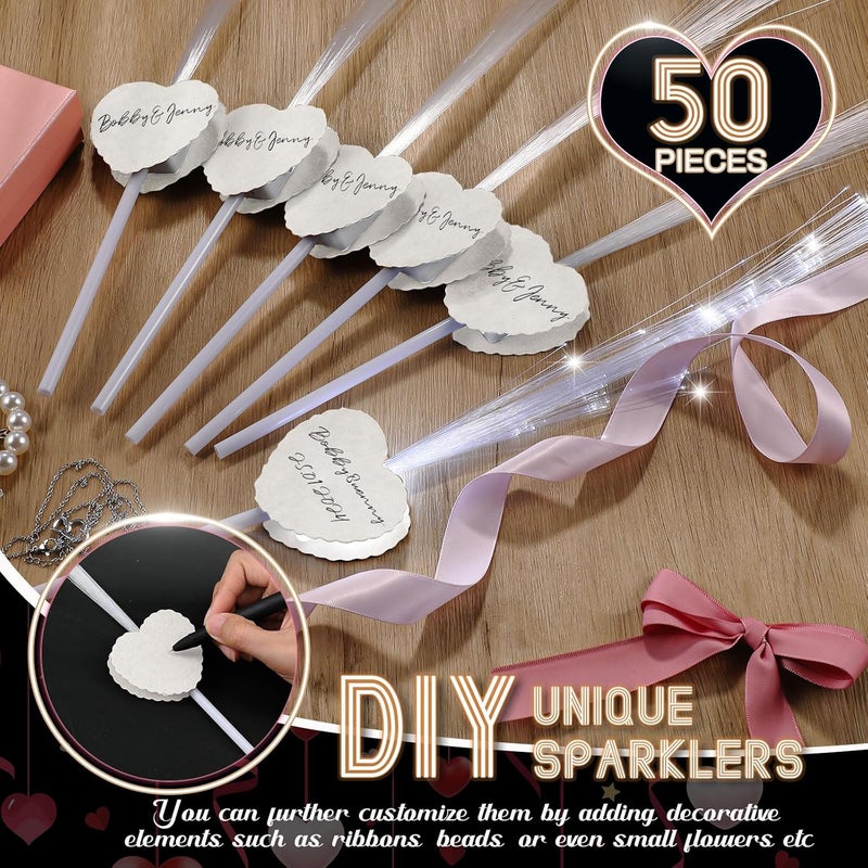 Tujoe 50 Pcs Fiber Optic Wands Wedding Sparklers Heart Shape LED Glow Sticks Light up Wand with 3 Light Mode for Valentines Carnival Glow in the Dark Birthday Party Supplies Dance Floor Props (White) - Image 3